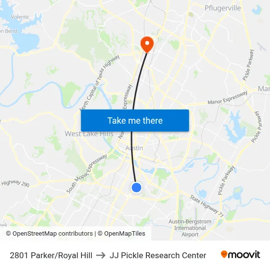 2801 Parker/Royal Hill to JJ Pickle Research Center map