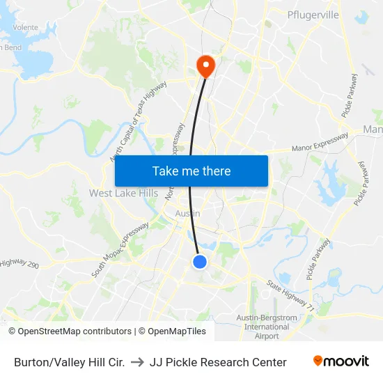 Burton/Valley Hill Cir. to JJ Pickle Research Center map