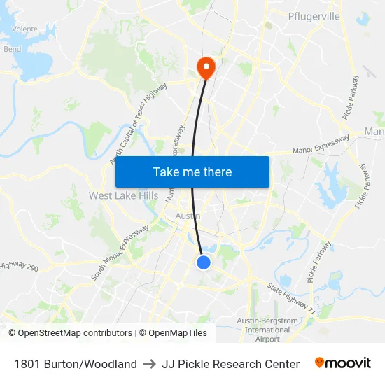1801 Burton/Woodland to JJ Pickle Research Center map