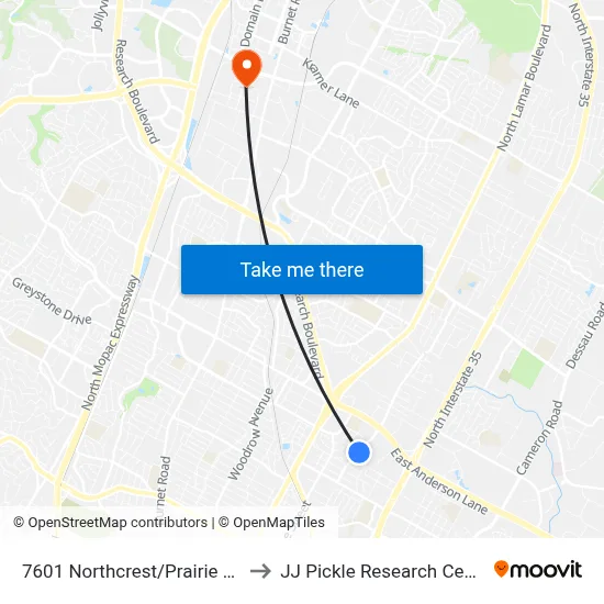 7601 Northcrest/Prairie Dell to JJ Pickle Research Center map