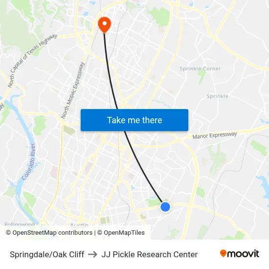 Springdale/Oak Cliff to JJ Pickle Research Center map