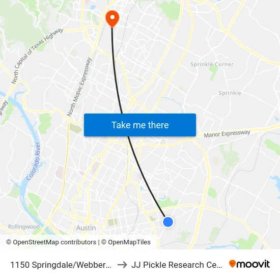 1150 Springdale/Webberville to JJ Pickle Research Center map