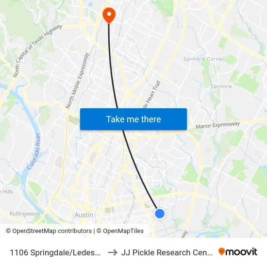 1106 Springdale/Ledesma to JJ Pickle Research Center map