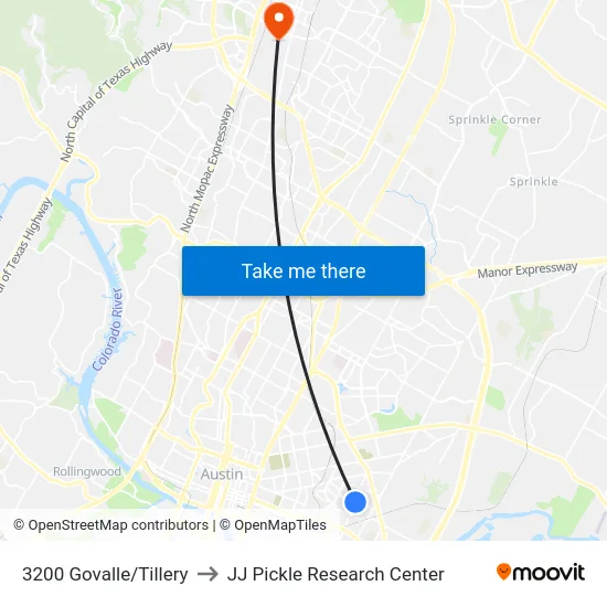 3200 Govalle/Tillery to JJ Pickle Research Center map