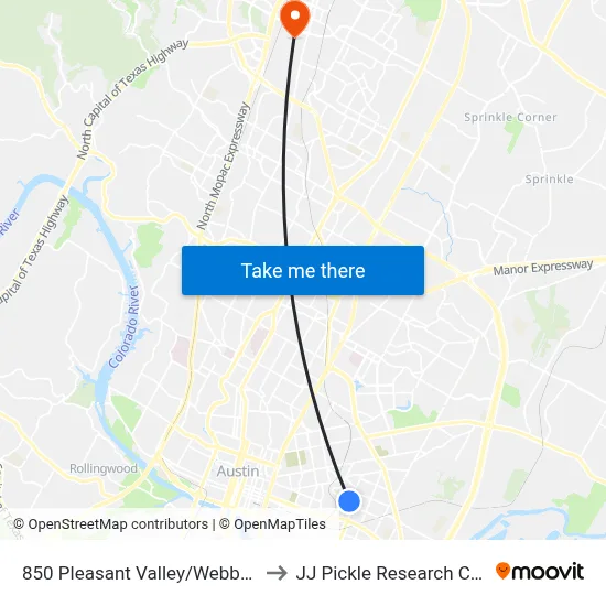 850 Pleasant Valley/Webberville to JJ Pickle Research Center map