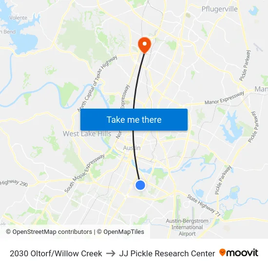 2030 Oltorf/Willow Creek to JJ Pickle Research Center map
