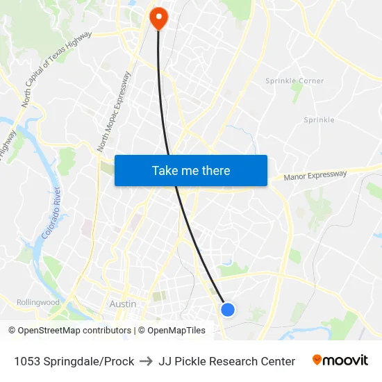 1053 Springdale/Prock to JJ Pickle Research Center map