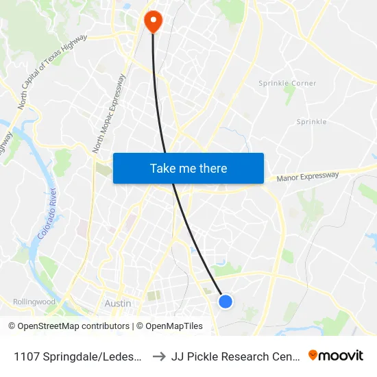 1107 Springdale/Ledesma to JJ Pickle Research Center map