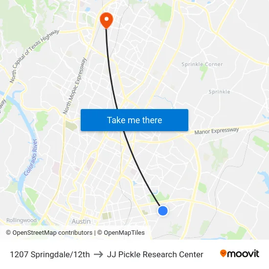 1207 Springdale/12th to JJ Pickle Research Center map