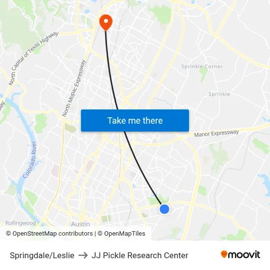 Springdale/Leslie to JJ Pickle Research Center map