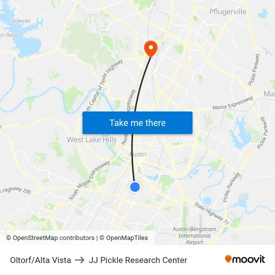 Oltorf/Alta Vista to JJ Pickle Research Center map