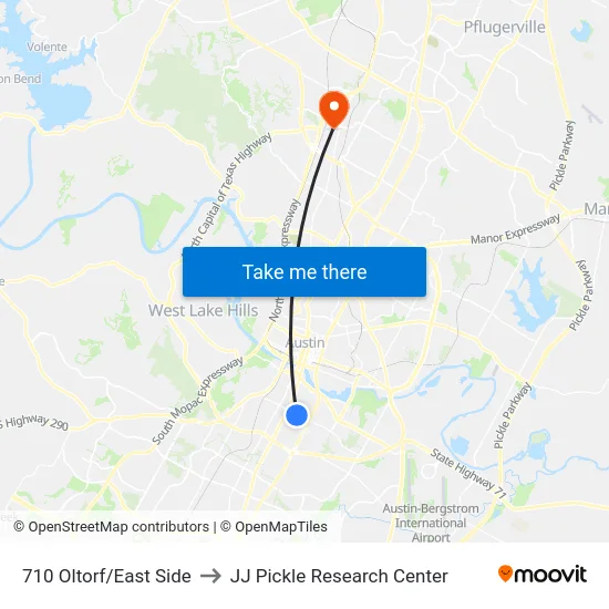 710 Oltorf/East Side to JJ Pickle Research Center map