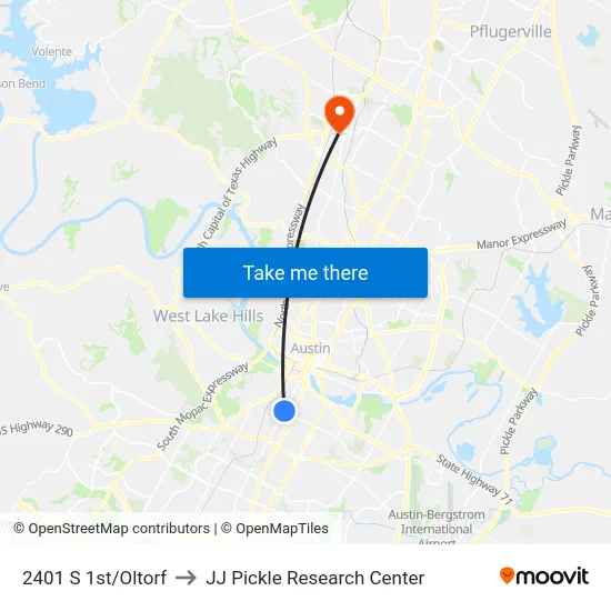 2401 S 1st/Oltorf to JJ Pickle Research Center map
