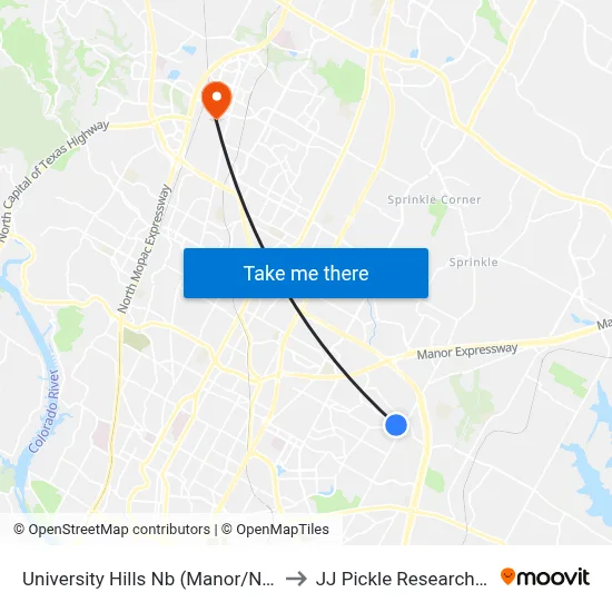 University Hills Nb (Manor/Northeast) to JJ Pickle Research Center map