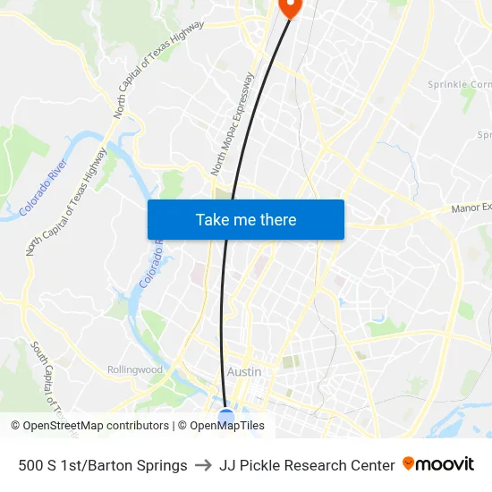 500 S 1st/Barton Springs to JJ Pickle Research Center map