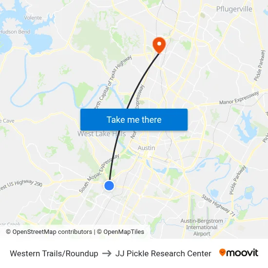 Western Trails/Roundup to JJ Pickle Research Center map