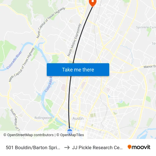 501 Bouldin/Barton Springs to JJ Pickle Research Center map