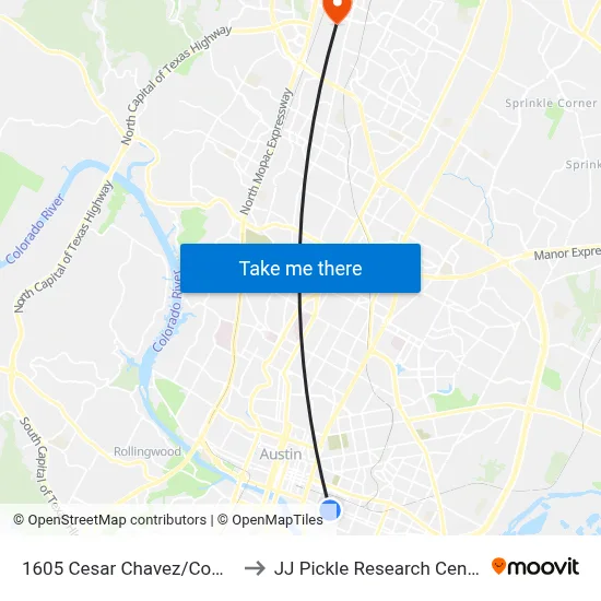 1605 Cesar Chavez/Comal to JJ Pickle Research Center map