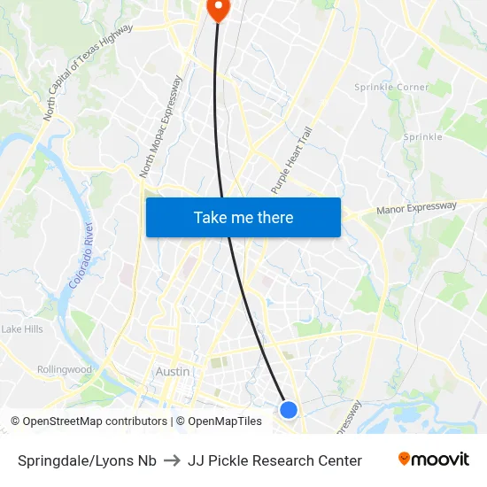 Springdale/Lyons Nb to JJ Pickle Research Center map