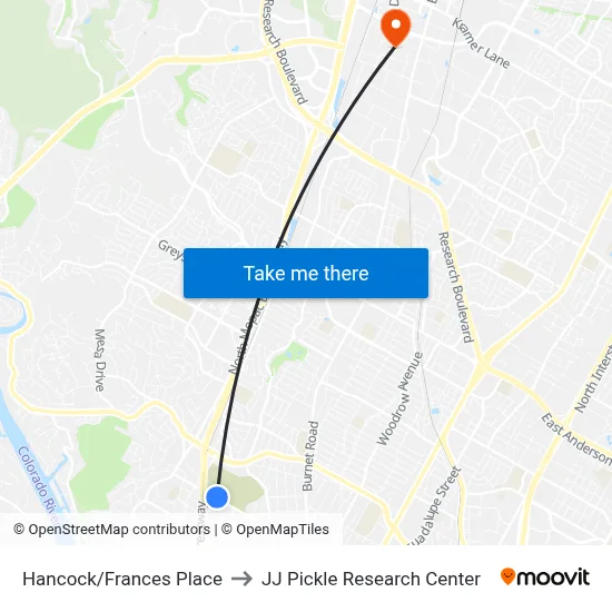 Hancock/Frances Place to JJ Pickle Research Center map