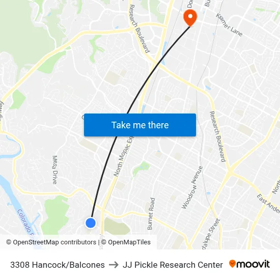 3308 Hancock/Balcones to JJ Pickle Research Center map