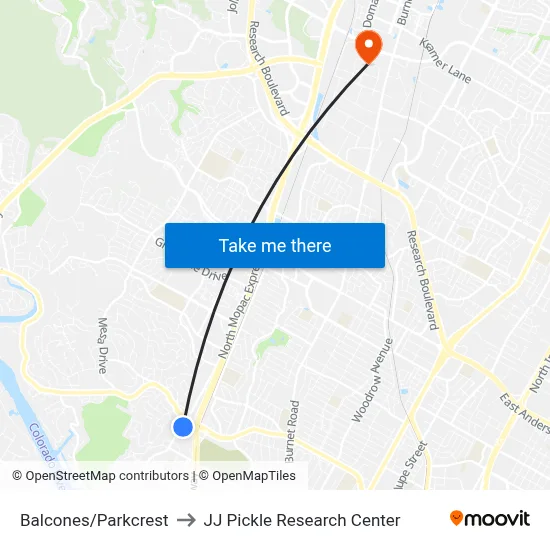 Balcones/Parkcrest to JJ Pickle Research Center map