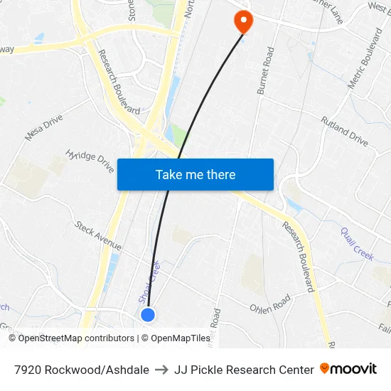 7920 Rockwood/Ashdale to JJ Pickle Research Center map