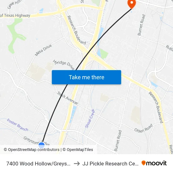 7400 Wood Hollow/Greystone to JJ Pickle Research Center map