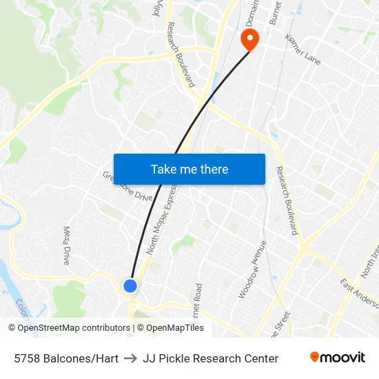 5758 Balcones/Hart to JJ Pickle Research Center map