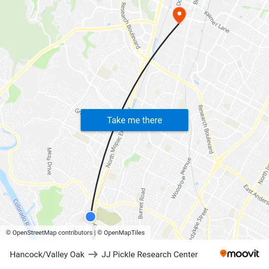 Hancock/Valley Oak to JJ Pickle Research Center map