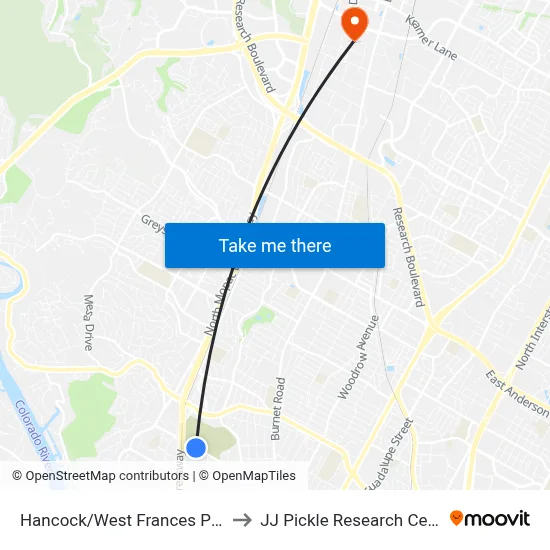 Hancock/West Frances Place to JJ Pickle Research Center map