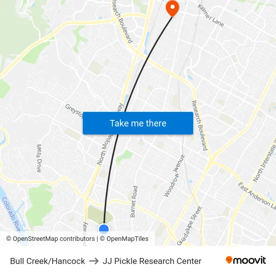 Bull Creek/Hancock to JJ Pickle Research Center map
