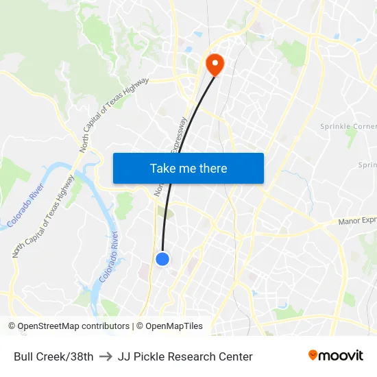 Bull Creek/38th to JJ Pickle Research Center map