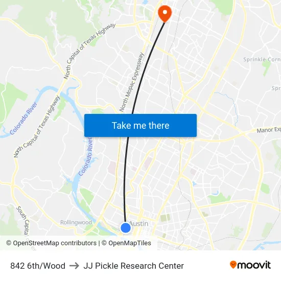 842 6th/Wood to JJ Pickle Research Center map
