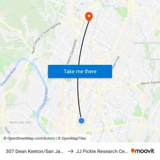 307 Dean Keeton/San Jacinto to JJ Pickle Research Center map