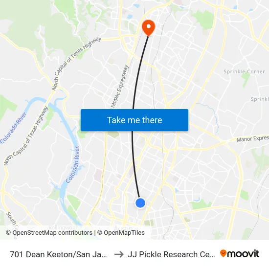 701 Dean Keeton/San Jacinto to JJ Pickle Research Center map