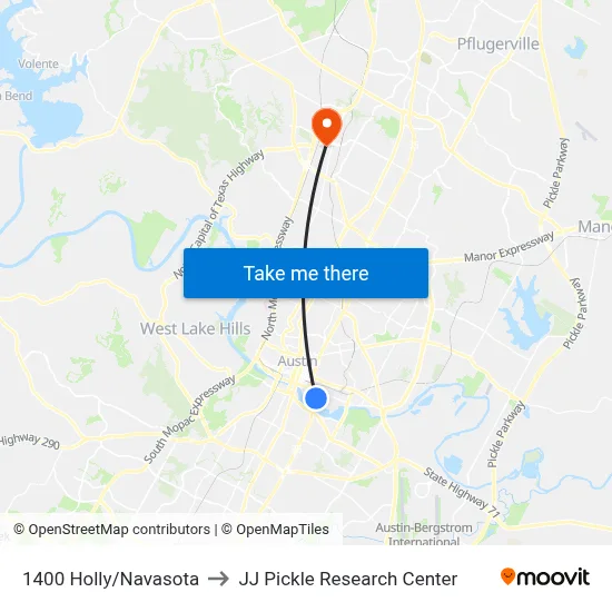 1400 Holly/Navasota to JJ Pickle Research Center map