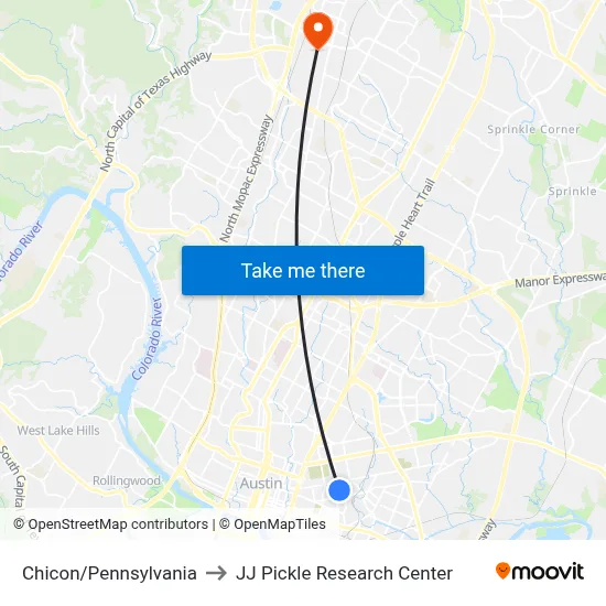 Chicon/Pennsylvania to JJ Pickle Research Center map
