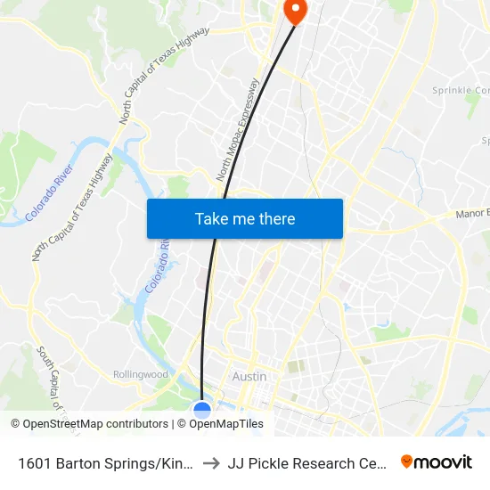 1601 Barton Springs/Kinney to JJ Pickle Research Center map