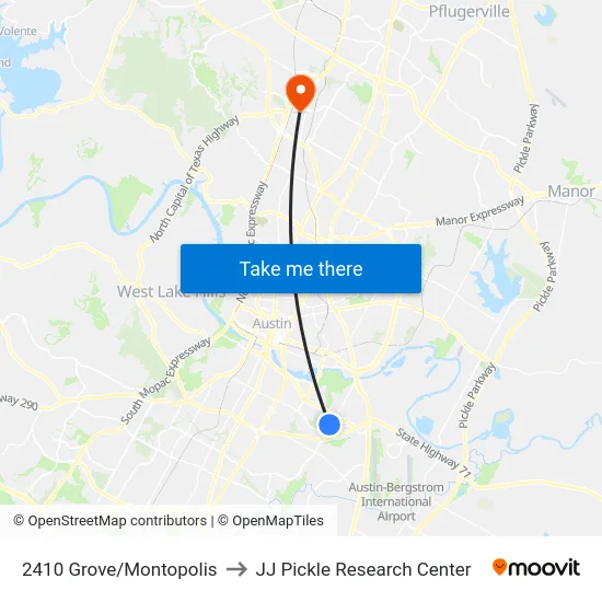 2410 Grove/Montopolis to JJ Pickle Research Center map
