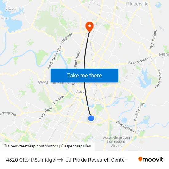 4820 Oltorf/Sunridge to JJ Pickle Research Center map