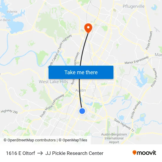 1616 E Oltorf to JJ Pickle Research Center map