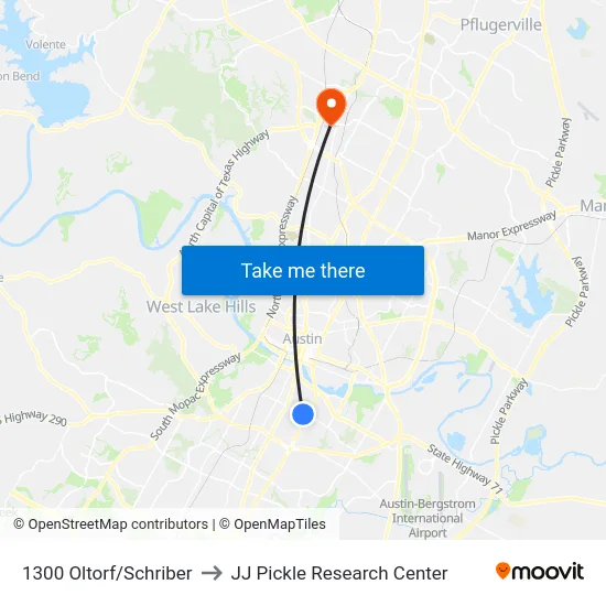 1300 Oltorf/Schriber to JJ Pickle Research Center map