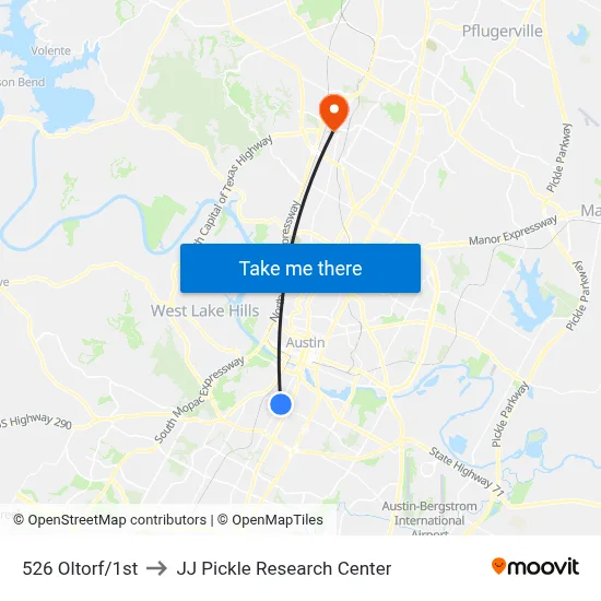 526 Oltorf/1st to JJ Pickle Research Center map