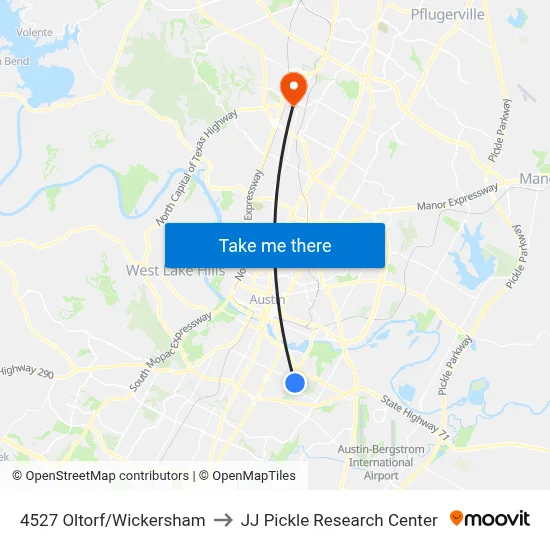 4527 Oltorf/Wickersham to JJ Pickle Research Center map
