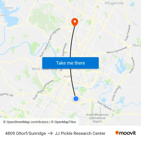 4809 Oltorf/Sunridge to JJ Pickle Research Center map