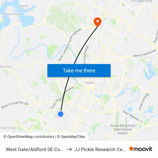 West Gate/Aldford SE Corner to JJ Pickle Research Center map