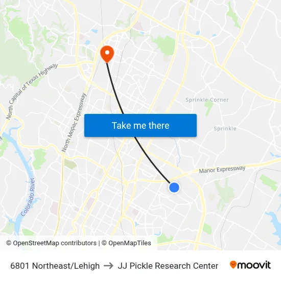 6801 Northeast/Lehigh to JJ Pickle Research Center map