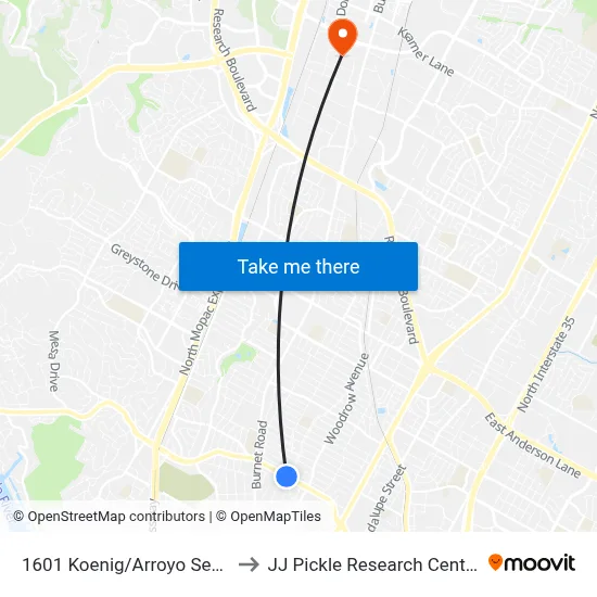 1601 Koenig/Arroyo Seco to JJ Pickle Research Center map