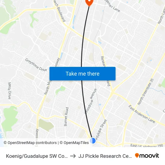 Koenig/Guadalupe SW Corner to JJ Pickle Research Center map